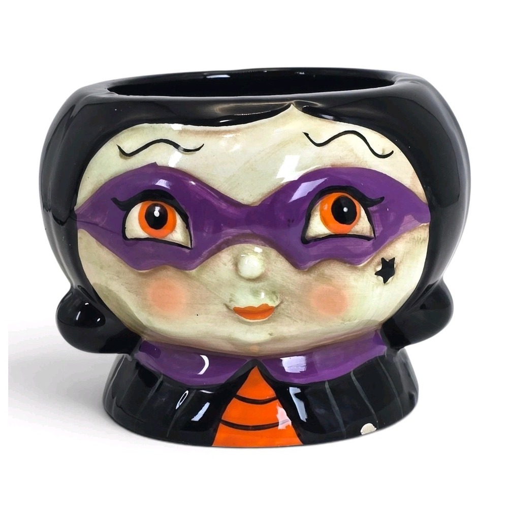 Johanna Parker Masked Witch Bowl Halloween Candy Dish Purple Retro Decor Ceramic